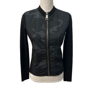 Authier Bomber Cardigan Jacket Womens 6 Black Gray Camo Full Zip Mixed Media